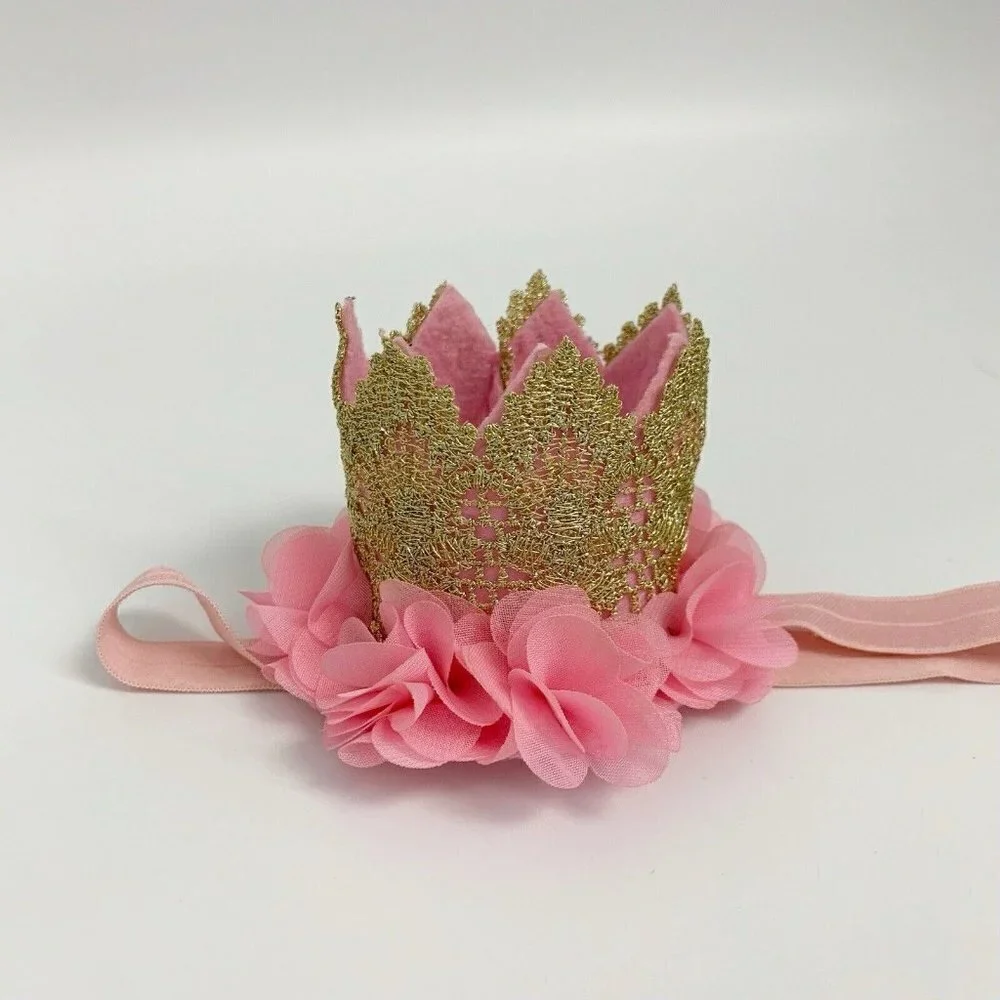 Baby First Birthday Hat Crown Gold Pink Roses w Elastic Small Photo Shoot Party